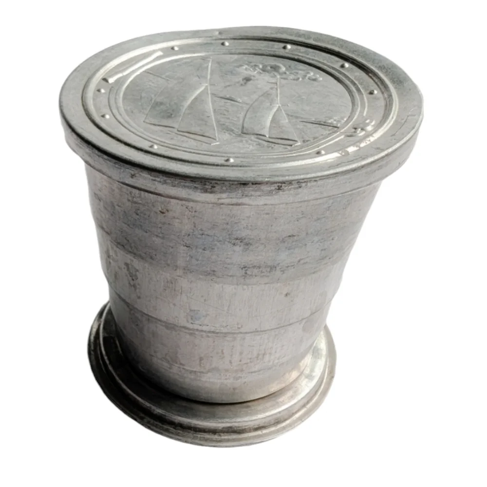 VINTAGE Collapsible Tin Cup  Sailboat Design Travel Camping Collectible